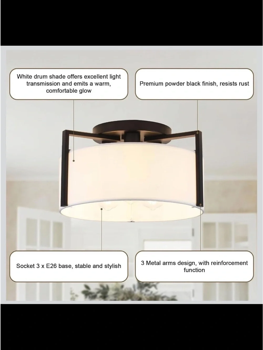 3-Light Semi Flush Mount Ceiling Light - Modern Black Drum Fixture - New in Box